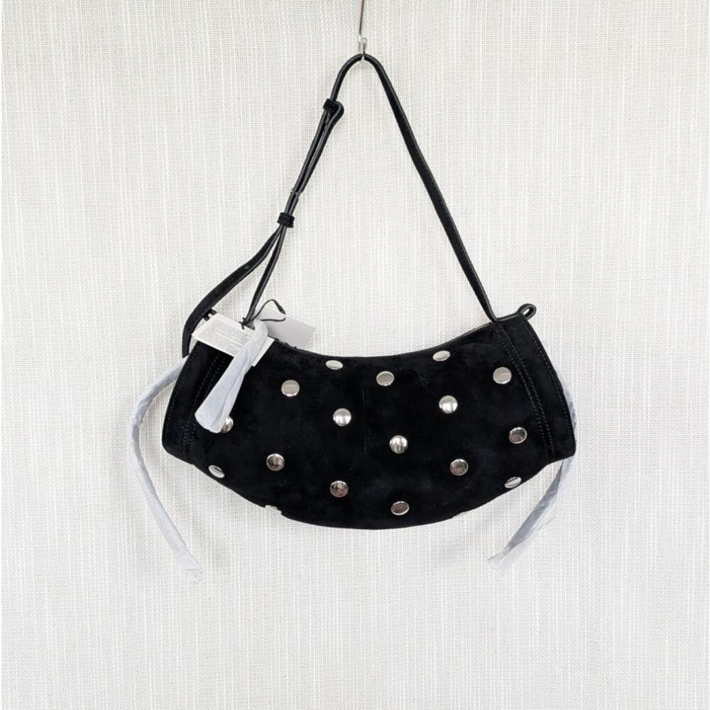 Zara Leather Suede Silver Tone Studded Shoulder Bag 6293/410/800 Womens M - Picture 2 of 7